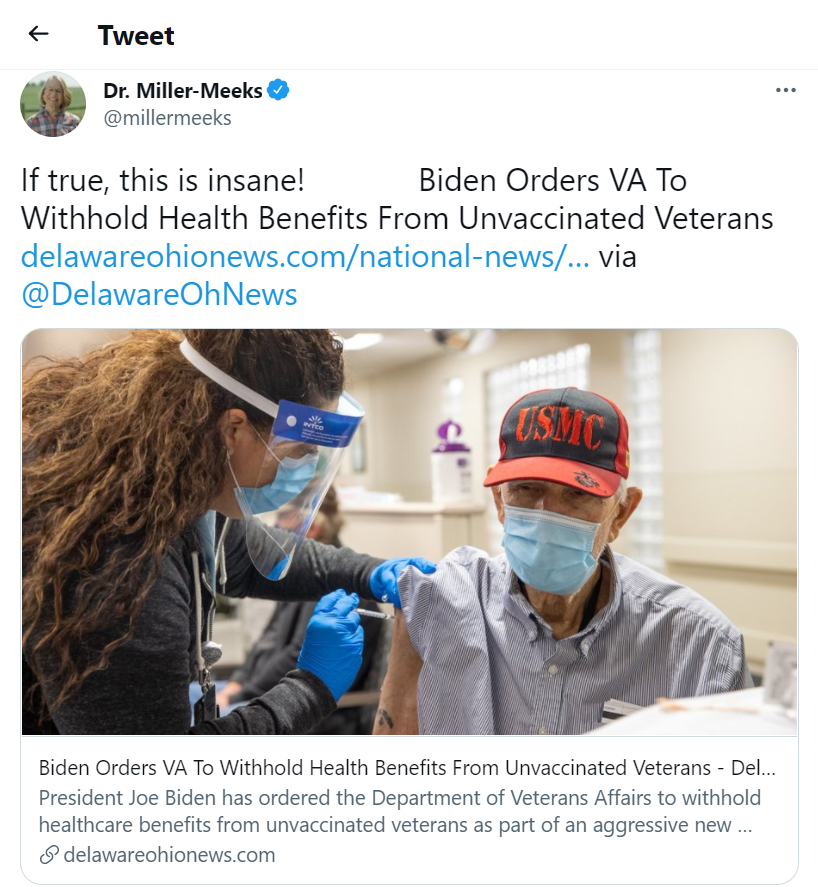 Miller-Meeks retweets fake news story of Biden withholding benefits to unvaccinated veterans